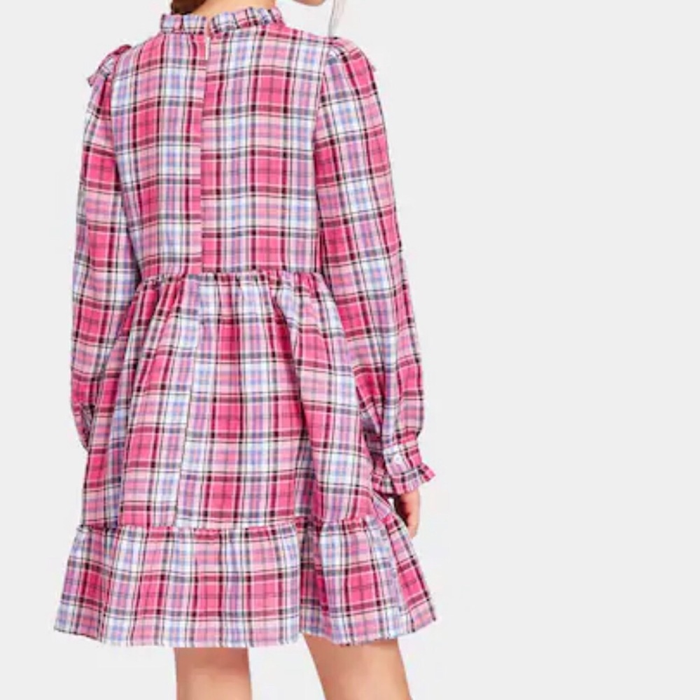 Girls Mock Neck Ruffle Embellished Plaid Dress - Picture 2 of 5